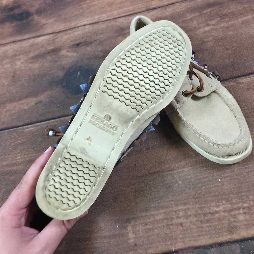 Sebago Docksides Boat Shoes Mens 8.5 Tan Suede Good Bandana Trim Leather Laces
